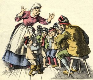 A Kis Poulet és testvérei hazamennek a szüleihez. Illusztráció Charles Perrault „Le Petit Poucet” című meséjéhez alkotó: Unknown artist