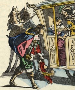 Carabas márkija köszönti a királyt és a hintójukon ülő hercegnőt. Illusztráció Charles Perrault „The cat botte” című meséjéről alkotó: Unknown artist
