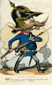 A tűpuska – Otto Von Bismarck (1815-1898) Poroszország kancellárjának portréja – Mars, a háború istene, csalódást okozott magának poroszként, hogy kipróbálja a tűpuskát, és rossz trükköt játszott az osztrákokkal... Karikatúra