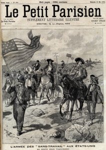 A „No Work” hadsereg az Egyesült Államokban útban Washington felé. Áprilisban Pennsylvaniában és Ohióban sztrájkok zajlottak, és Jacob Coxey vezette munkanélküliek serege Washingtonba vonult, hogy munkát kérjen. Metszet a „Le Parisien”-ben alkotó: Unknown artist