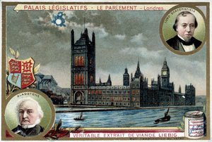 A Westminsteri palota, vagyis a londoni parlament (Anglia), William Ewart Gladstone (1809-1898) és Benjamin Disraeli, Lord Beaconsfield (1804-1881) portréival - Liebig kromolitográfiája alkotó: Unknown artist