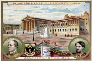 A Reichsrath-palota, Bécs (Ausztria), gróf Friedrich Ferdinand de Beust (1809-1886) és gróf Andrássy Gyula (1823-1890) portréival - Liebig kromotográfia alkotó: Unknown artist