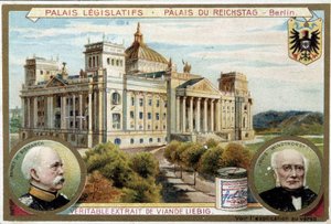 A berlini Reichstag-palota, Bismarck és Windthorst portréi – Liébig reklámcímke, v.1900 alkotó: Unknown artist