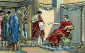 Konstantin római császár (272-337) alkotta meg az első vallási törvényeket a hiedelmek egyenlőségére vonatkozóan. A 19. század végének kromolitográfiája. alkotó: Unknown artist