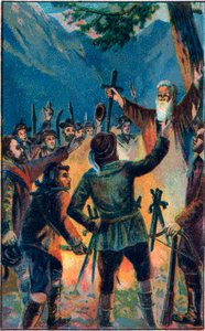 A Rutlischwur (Rutli esküje) - a régi Svájci Konföderáció legendás esküje - A három svájci konföderáció, aki hűséget esküszik Ruetlinek - Le Oath du Grutli (Rutlischwur) (Patto del Grutli) Svájc végének Chromolitográfiájának mítoszának alapítója1307 alkotó: Unknown artist