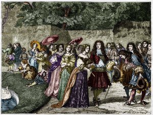 A Napkirály (XIV. Lajos a versailles-i kertekben veszi körül udvarát). századi metszet. alkotó: Unknown artist