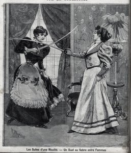 Egy rivalizálás utóhatása: kardpárbaj nők között. Metszet a „Le Parisien”-ben alkotó: Unknown artist