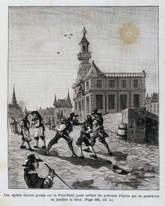 Az ügynökök a Pont Neuf-on állomásoztak, hogy megállítsák azokat, akik nem tudták igazolni jogukat. alkotó: Unknown artist