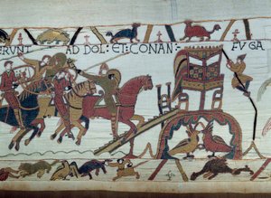 Hódító Vilmos (1027-1087) serege Bretagne hercege ellen indult harcba, megérkezett Bayeux-ba. Haroldot nemrég ütötte lovaggá Guillaume Részlet a Bayeux-i gobelinről vagy Mathilde királynő hímzéséről alkotó: Unknown artist