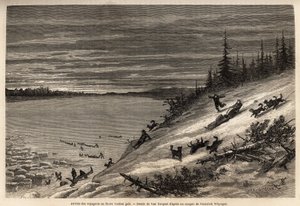 A Yukon folyónál (Kanada szélsőséges északi része) a kutyaszánon utazók érkezése teljesen lefagy. Metszet az angol Kolumbiában, Vancouver-szigeten és Alaszkában zajló utazás és kalandok illusztrálására, Frederick Whymper alkotó: Unknown artist