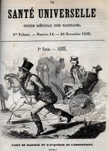A fogyás és a túlsúly művészete: az egyik ember sétál, míg a másikat hintón szállítják – metszet a „La Sante Universelle – Guide Medical des Familles” című könyvben, 1852 alkotó: Unknown artist