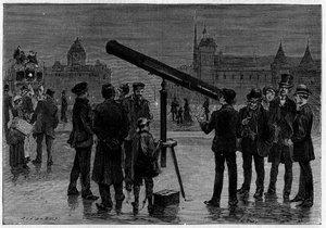 A csillagász és csillagászati kerete a párizsi Place du Chatelet-n, a Vénusz bolygó megfigyelésének idején, 1889 februárjában. Metszet a „” La Nature-ben. Revue des sciences et de ses applications aux arts et a l