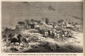 Ahmadou (Toucouleur) király hadseregének Sansandig elleni támadása, ahová Bambara menekült. Metszet M. Mage hadnagy nyugat-szudáni utazásának szemléltetésére, 1863-1866, megjelent a „Le tour du monde, nouveau journal des voyages”, u alkotó: Unknown artist