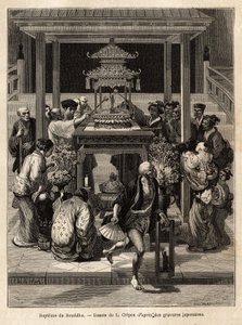 A Buddha megkeresztelkedése, a 4. hónap 8. napján minden évben megrendezett ünnep, a bhakták meglocsolják a templomok előtt erre az alkalomra kitett bronz Buddha szobrot. A japán utazást illusztráló metszet, Aime Humbert, min alkotó: Unknown artist
