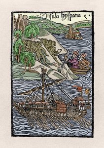 Kolumbusz Kristóf (1451-1506) a Hispaniola-i bárka. Metszet a „De insulis in mare Indico super inventis”-ből”, Bale 1493-1494 (Kolumbus spanyol királynak írt jelentésének latin fordítása). alkotó: Unknown artist
