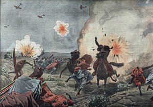 A háborús repülés kezdete: a francia hadsereg katonai repülőgépei bombákkal oszlatják szét a marokkói Taza környéki lázadó Riata-t, 1914. július (a háborús repülés kezdete és a korai bombázási erőfeszítések, francia repülőgép bombázza a marokkói lázadókat  alkotó: Unknown Artist