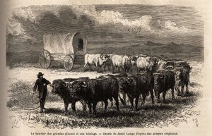 A nagy síkságok kormányozzák és a vonószerkezete. M. L. Simonin 1867-es metszete az amerikai távol-nyugati utazás szemléltetésére, megjelent a „Le tour du monde, nouveau Journal des voyages” című folyóiratban, szerkesztette Edouard Charton alkotó: Unknown artist
