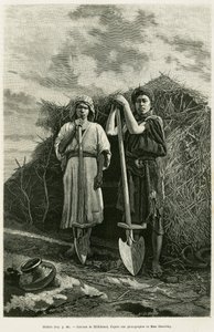 A bildarokat, egy becse tulajdonosait a Karoun régió búzatábláinak csatornáinak kiásásával bízzák meg. Jane Delafoy (1851-1916), akadémiai tiszt, La Perse, la Chaldee és Susiane című történetét illusztráló metszet, in le tour du monde 1886, rendező alkotó: Unknown artist