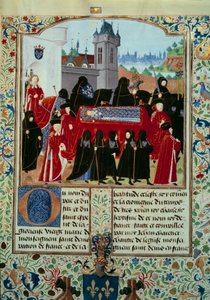 VI. Károly néhai király (1368-1422) holttestét viszik el, a körmenet mögött az új VII. Károly királyt (1403-1461) az 1422.10.22-i miniatűrt a „VII. Károly krónikái” című kéziratból (Ms. fr. 2691) Jean Chartier alkotó: Unknown artist