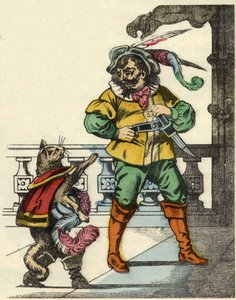 A bakancsmacska találkozik az ogréval. Illusztráció Charles Perrault „The cat botte” című meséjéről alkotó: Unknown artist