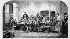 A pezsgő bor palackozása. Metszet 1864-ből. alkotó: Unknown artist