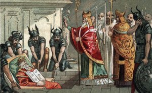 Nagy Károly temetése 814-ben a németországi aacheni katedrálisban. A 19. század végének kromolitográfiája. alkotó: Unknown artist