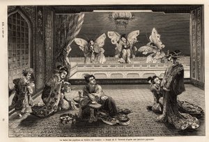 Pillangóbalett a Gankiro Színházban, Jokohamában, a Miyozaki Pleasure District-ben. Aime Humbert, a Svájci Államszövetség minisztere 1863–1864-es metszete a japán utazás szemléltetésére, megjelent a „le tour du monde” című folyóiratban. alkotó: Unknown artist