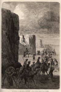 A hadik (muzulmán pelerinek) karavánja Korantaghiban (Perzsia, Irán). Emile Bayard (1837-1891) rajza, Arminius Vambery (dervisbe öltözött magyar tudós álruhája) 1863-as közép-ázsiai utazásának illusztrálására. Metszet a „” Le tour du mond nyelven alkotó: Unknown artist