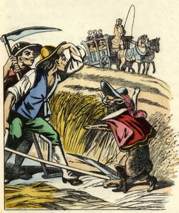 A macska arra kényszeríti a parasztokat, hogy azt mondják, hogy a mező, amelyen búzát kaszálnak, Carabas márkié. Illusztráció Charles Perrault „The cat botte” című meséjéről alkotó: Unknown artist