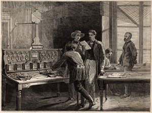 A központi távíró állomás a creusot-i gyárban. L. Simonin 1865-ös metszete a Creusot-ba, valamint Saone és Loire bányáiba tett utazás szemléltetésére, Edouard C irányítása alatt megjelent „” Le tour du monde, nouveau Journal des voyages” című könyvében. alkotó: Unknown artist