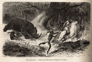 Az orrszarvú rohama, amely felborítja és csapdába ejti a vadászokat, a szerző és vezetői keresése közben. Sir Samuel W. Baker 1861–62-es metszete a Nílus abesszin mellékfolyóinak feltárását szemléltetve, megjelent a „” Le tou alkotó: Unknown artist
