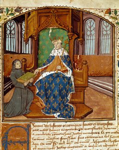 Enguerrand de Monstrelet (1400-1453) oszlopos író adományozza könyvét VII. Károly királynak (1403-1467) Miniatűr a Monstrelet krónikáiból, 1465 Reims, városi könyvtár alkotó: Unknown artist