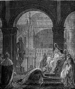 Frederic Barberousse (Federico Barbarossa) és III. Sándor pápa (Alexander, Alessandro III) (1105-1181) konfliktusa. Barberose császár megaláztatása a velencei Dózse-palotában 1177-ben. Barbarossa Frederick ország nyilvános hódolata Alexán pápának alkotó: Unknown artist