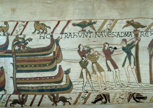 Anglia meghódítása Hódító Vilmos normandiai herceg (1027-1087) serege által: alig épült hajókat bocsátanak a tengerre Részlet a Bayeux-i kárpitról vagy Mathilde királynő hímzéséről alkotó: Unknown artist