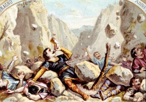 Roland lovag, Nagy Károly unokaöccse halála a roncesvaux-i csatában, 778. kromolitográfia 1900 körül. alkotó: Unknown artist