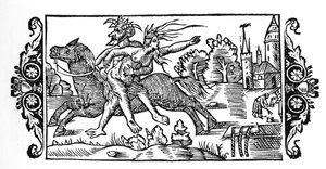 A boszorkányt hordozó ördög – Olaus Magnus "Az északi nemzetek története" című művében, Róma, 1555 alkotó: Unknown artist