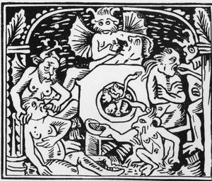 Az ördögkínzók varangyokat és kígyókat kényszerítenek a falánkokra - "" Grand Calendrier et Compost des Bergers"", Lyon alkotó: Unknown artist