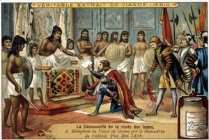 Az indiai útvonal felfedezése: Vasco da Gama fogadása a kalicuti samudrinnál, 1498 május vége - Liébig reklámmatrica alkotó: Unknown artist