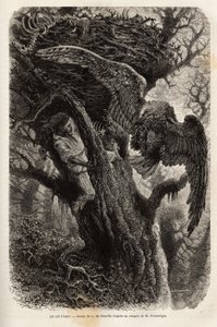 A sas védi fészkét a betolakodóktól. Metszet a Quatre mois en Florida című történet illusztrálására, M. Pousselgue, 1851-1852, megjelent a „” le tour du monde”-ban, D