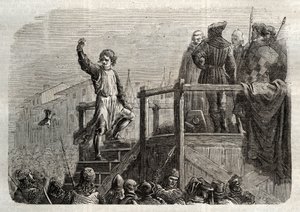 Konradin (vagy Hohenstaufeni Konrád) szicíliai király és sváb herceg (1252-1268) kivégzése Anjou Károly parancsára az 1268-as tagliacozzói csata után” (Konradin (vagy Konrád ifjabb), utolsó Staufer király kivégzése Szicília, követve alkotó: Unknown artist