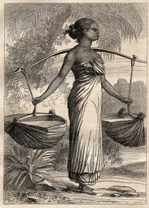 Etienne Marchand kapitány (1755-1793) világkörüli expedíciója (1790-1792): vízszállító Timorban (Kelet-Timor, Indonézia) - az illusztráció a „18. századi nagy tengerészek” című könyvből vett. alkotó: Unknown artist