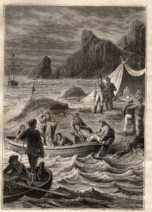 Nicolas Baudin (1754-1803) expedíciója a déli vidékekre (1800-1803): a skorbutban szenvedőket a Kaland-öbölben (Tasmania, Ausztrália) szállították a partra – az illusztráció a „18. századi nagy tengerészek” c. ” alkotó: Unknown artist