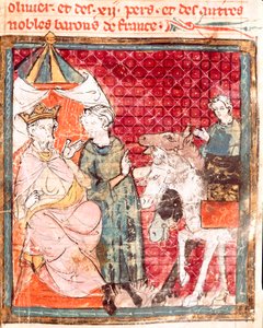 Roland lovag búcsúja nagybátyjától, Nagy Károlytól (742-814) Miniatűr a „Grandes Chronicles de France”-ból” 1375-1379 Városi Könyvtár, Castres alkotó: Unknown artist