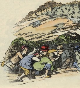 A kis Poucet feresei egy üreges sziklába bújnak, hogy elmeneküljenek az ogre elől. Illusztráció Charles Perrault „Le Pepetit Poucet” című meséjéhez alkotó: Unknown artist