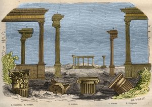 A klasszikus (ókori) építészet öt rendje: korinthoszi, dór, jón, toszkán és összetett, mindegyiket egy-egy oszlop képviseli. Metszet 1857-ből a „Le Musee Des Sciences”-ben alkotó: Unknown artist