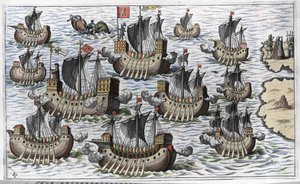 Kolumbusz Kristóf (Cristoforo Colombo) flottája az új világ meghódítására – Philoponus Honorius „Új Tipusz az új világ utazása után” című művében alkotó: Unknown artist