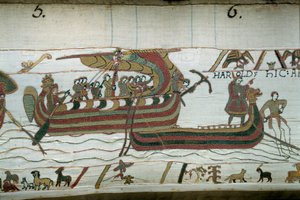 Harold flottáját, aki azért jött, hogy tájékoztassa Normandia Hódító Vilmos hercegét (1027-1087), hogy ő lesz Anglia koronájának utóda Edoaurd, Gyóntató halálakor, elkapja a partokat sújtó vihar. gróf Guy de P alkotó: Unknown artist