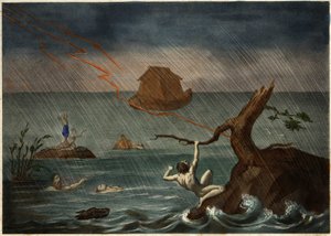 Az özönvíz Noé bárkájával a távolban. Névtelen metszet a 19. század közepéről. alkotó: Unknown artist