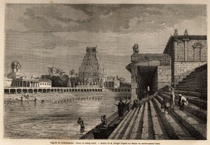 A Chillambaran Pagoda ghaut vagy szent tava, amely a Bengáli-öbölben található, Pondichery (Pondicherry) közelében (India); néhány fideles leereszkedik a monumentális lépcsőn, hogy megfürödjön vagy tisztító mosdást végezzen. Metszet egy expedíció illusztrá alkotó: Unknown artist