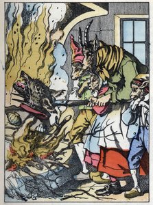 A kecske megöli a farkast a kéményben. A „Compere le Loup, Maitre Renard, Comere la Chevre et ses petits biquets” című mese illusztrációja Jean de la Fontaine meséje után. A „” Mesék otthonról a kicsiknek” c. Névtelen metszet a 19t alkotó: Unknown artist